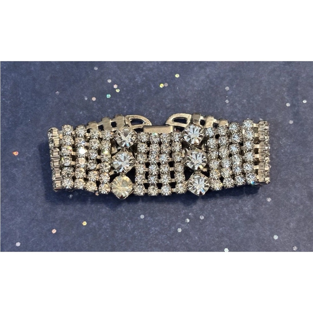 Vtg 50s Glam Clear Rhinestone 6 Row Silver Tone Bracelet